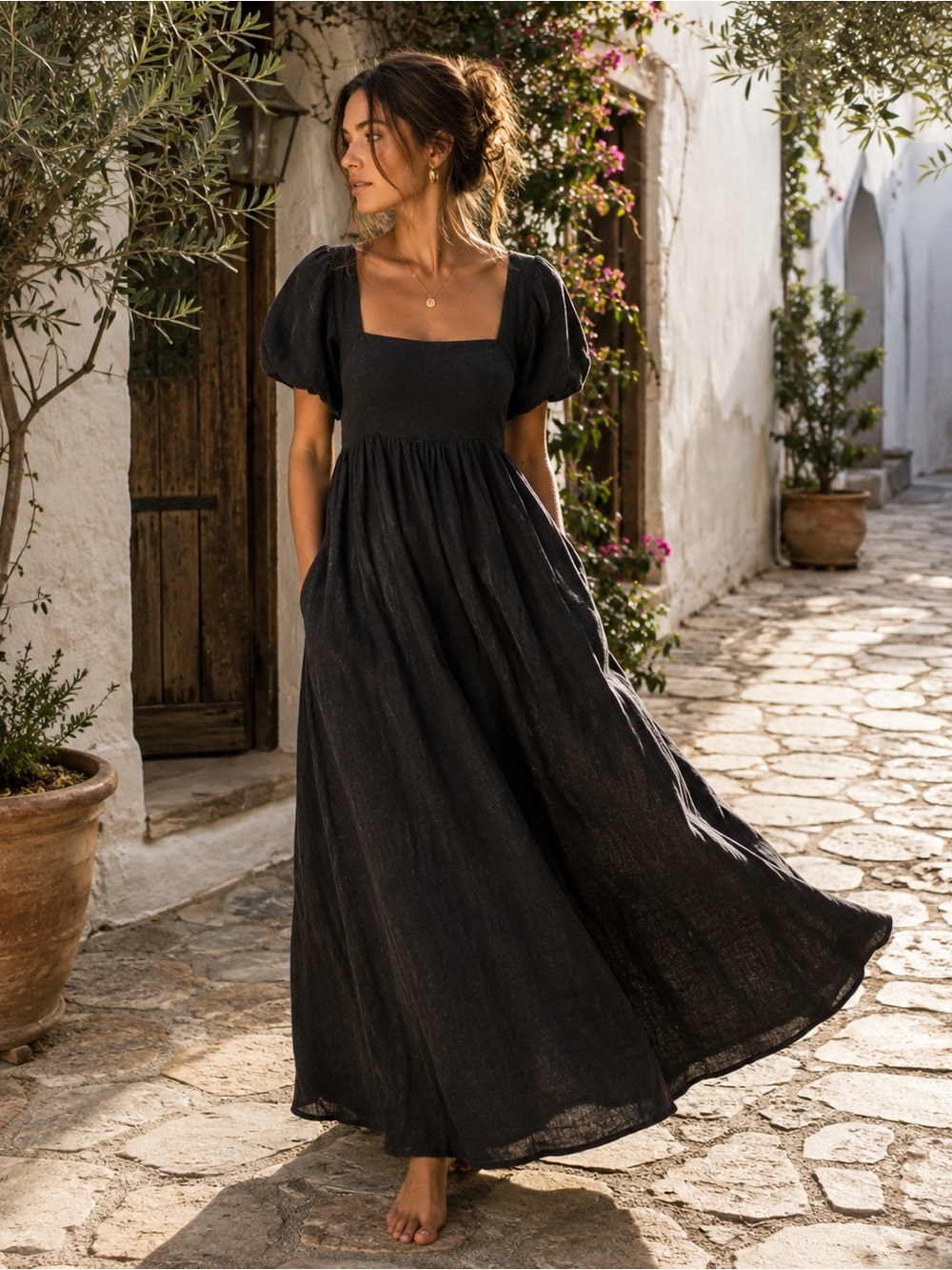 A. REN Candace Linen Maxi Dress Washed Black Puff Sleeve Smocked Back M